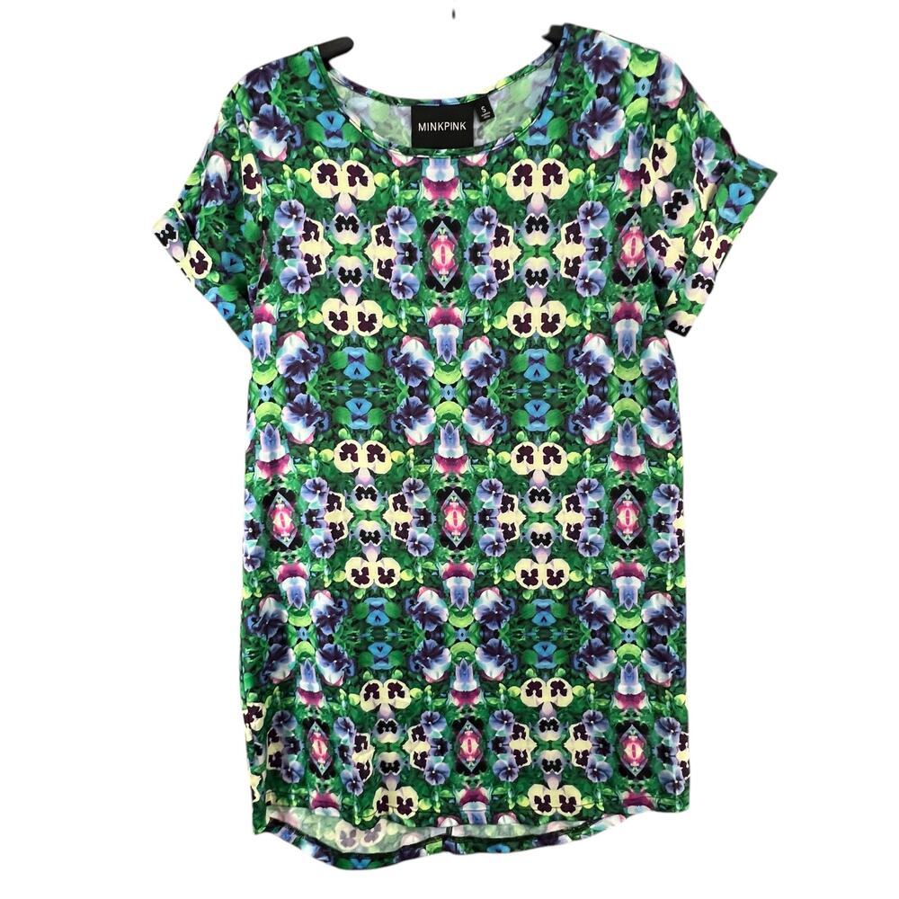 Minkpink Mini Dress Womens S Green Blue Floral‎ Kaleidoscope Lightweight Cottage